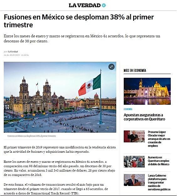 Fusiones en Mxico se desploman 38% al primer trimestre